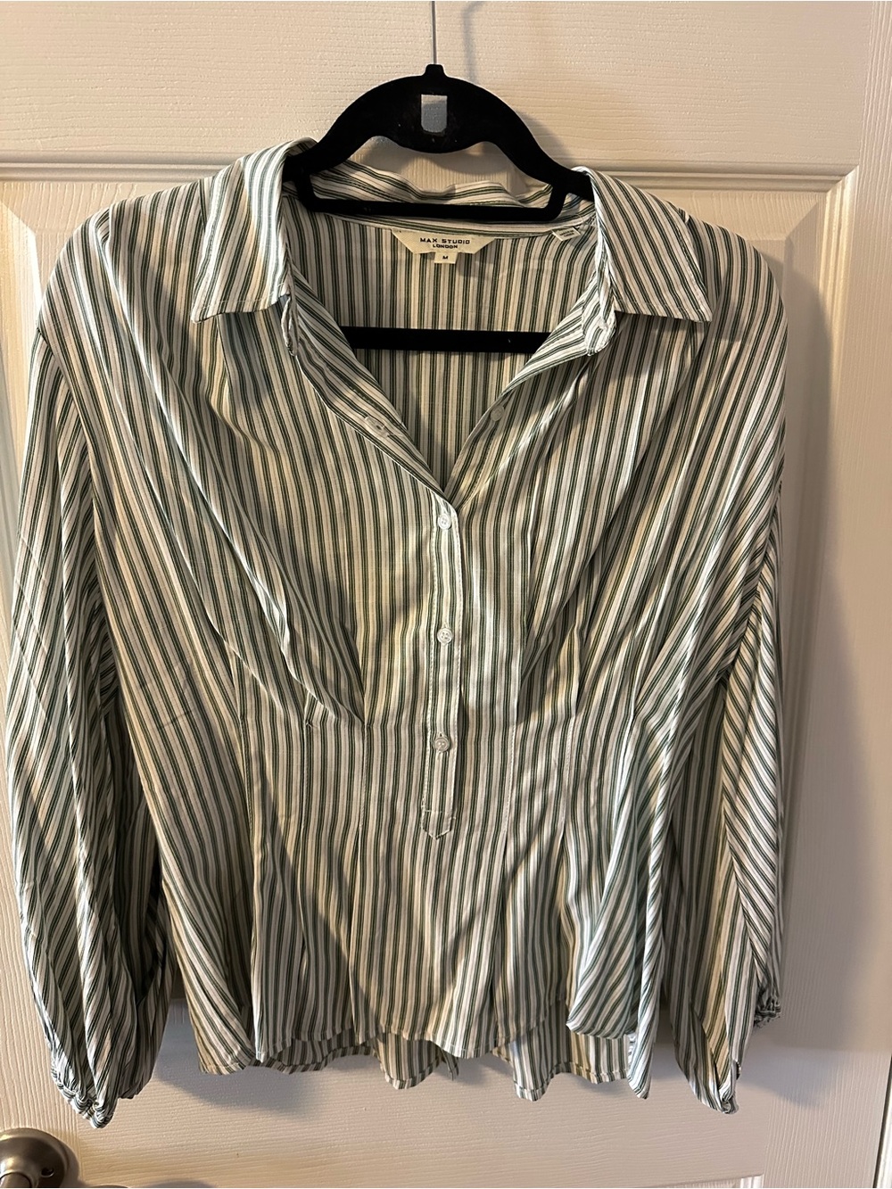 Max Studio Vertical Stripe Button-Up Shirt in Green and White